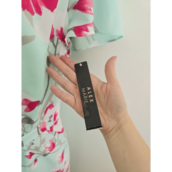 Alex Marie Elise Mint Green Pink Floral Flutter Sleeves V-Neck Dress 12 Large L - Picture 6 of 13